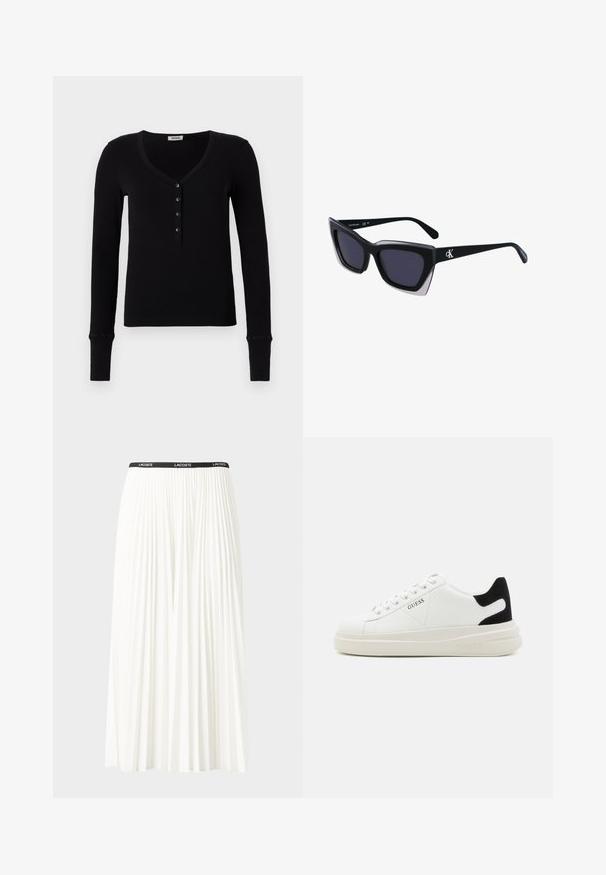 Zwarte long-sleeve shirt met een V-hals, geribbeld textuur en een rij van vijf zwarte knopen aan de voorkant. Heeft aansluitende manchetten.; Plisséminirok in het wit met een zwarte elastische tailleband met het "LACOSTE"-logo. Middellange ontwerp met een zachte textuur.; Witte leren sneakers met een dikke witte zool, zwarte suède hielaccent en een geperst logo op de zijkant. Vetersluiting met zes oogjes.; Zwarte oversized zonnebril met een geometrische vorm, voorzien van donkere glazen en een contrasterend grijs detail op het montuur. Logo op de arm.