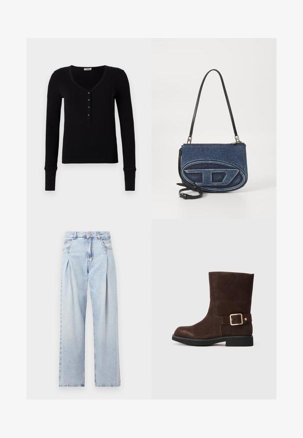 Black long-sleeve shirt with a V-neck, ribbed texture, and a row of five black buttons at the front. Features fitted cuffs.; Light blue denim jeans with a high waist, wide-leg cut, two side pockets, and pleated design feature. Soft texture with a faded finish.; Brown suede ankle boot with a rounded toe, flat black sole, and gold buckle accent on the side. Smooth texture and simple design.; Denim crossbody bag with a black leather strap, oval logo design on the front, and a zip closure at the top. Textured finish.