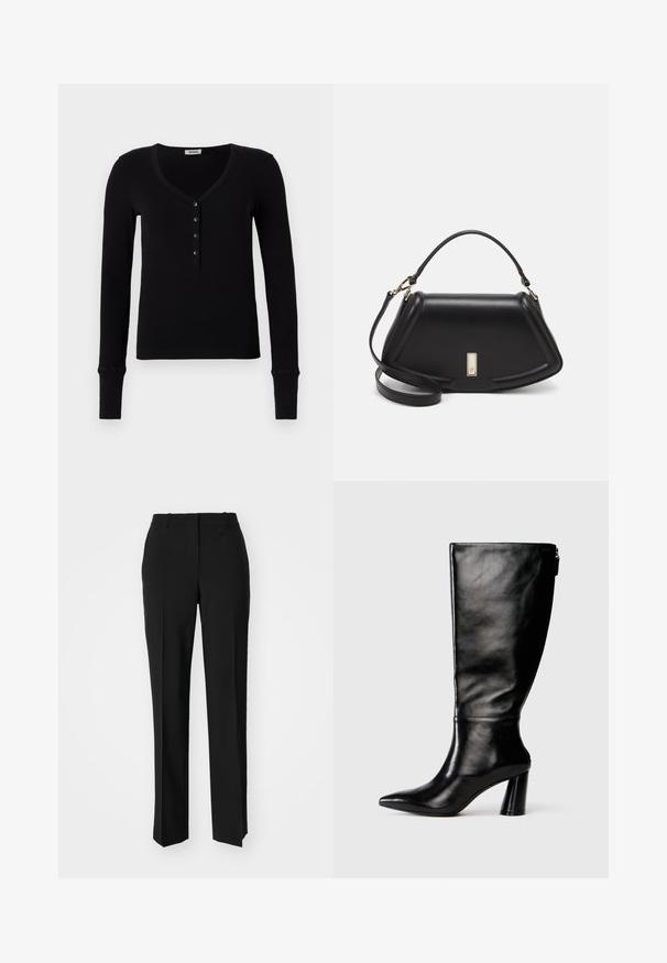 Zwarte long-sleeve shirt met een V-hals, geribbeld textuur en een rij van vijf zwarte knopen aan de voorkant. Heeft aansluitende manchetten.; Zwarte op maat gemaakte broek met een recht model, voorzien van een soepele textuur en scherpe plooien aan de voorkant. Geen zichtbare hardware.; Zwart leren laars tot de knie met een puntige neus, gladde textuur en een chunky hak. Bevat een ritsdetail aan de achterkant.; Zwarte leren handtas met een gestructureerd ontwerp, featuring een verkorte vorm, bovenhandvat en gouden hardwareaccent. Inclusief verstelbare schouderband.