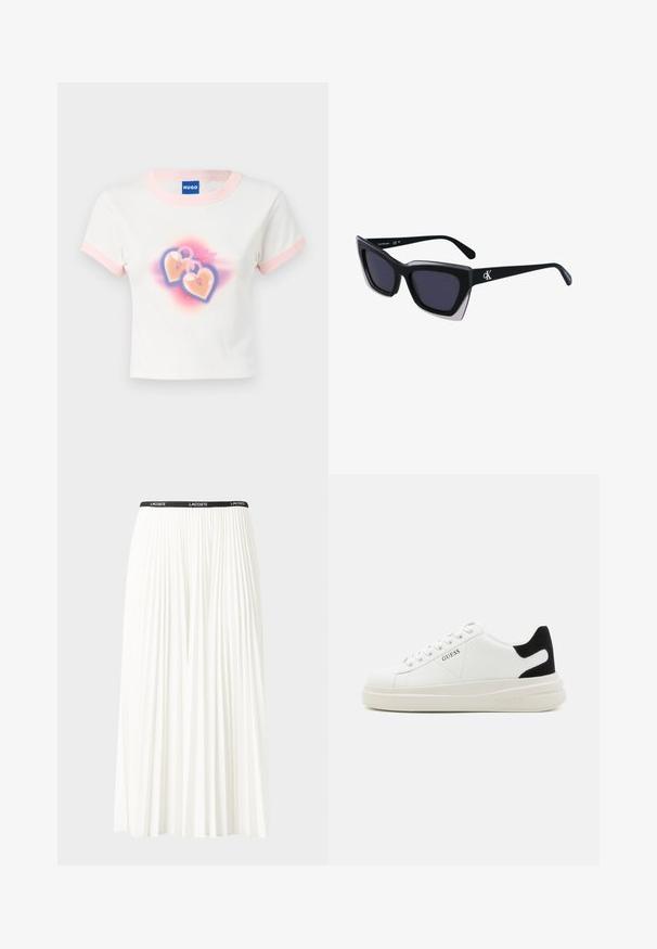 Valge puuvillane lühikeste varrukatega T-särk pastellroosa äärisega. Disainil on kaks südamekujulist lukku koos värvilise gradiente taustaga.; Kurtitudega valge seelik musta elastse vööga, millel on "LACOSTE" logo. Keskmise pikkusega disain pehme tekstuuriga.; Valged nahast tennisetossud paksu valge tallaga, musta sametist kontsakeeuga ja külje peal riigilogo reljeefne kujundus. Lukkeskeem kuue silmaauguga.; Mustad suured mustad prillid geomeetrilise kujuga, tumedate läätsedega ja kontrastse halli detailiga raamidel. Logo käe peal.