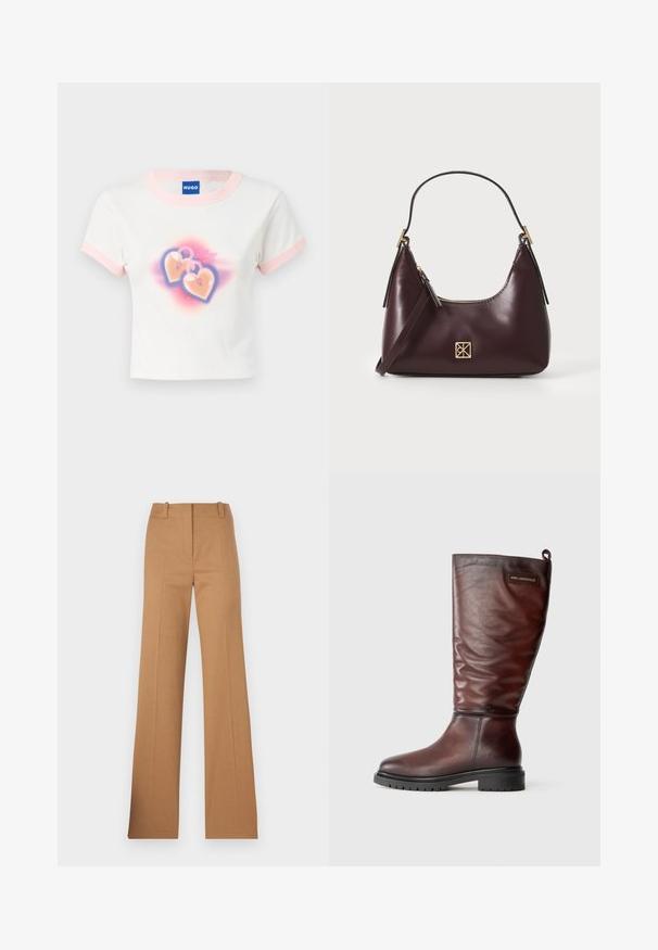 Camiseta de cultivo de algodón blanca con ribetes en rosa pastel. Presenta un gráfico de dos candados en forma de corazón sobre un fondo de degradado colorido.; HUGO HULANA - Pantalones chinos - open brown; Botas de cuero marrón hasta la rodilla con un diseño ligeramente caído, punta redonda y suela gruesa de goma negra texturizada. Presenta un parche con el logo.; Bolso de mano de cuero burdeos con forma curva, acentos dorados en el herraje y cierre con cremallera. Incluye una correa de hombro desmontable.