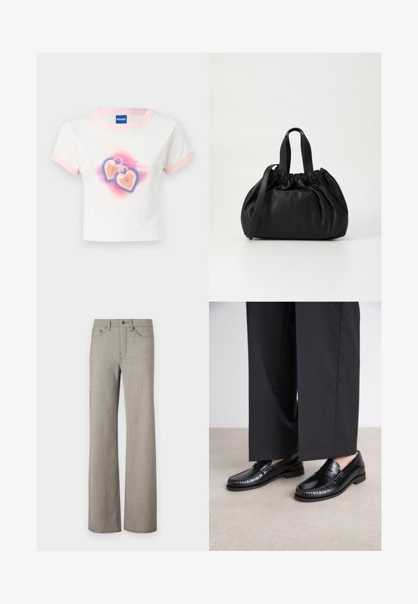 Hvid bomulds t-shirt med kort ærme og pastelfarvet pink kant. Indeholder grafik af to hjertedannede hængelåse med en farverig gradient baggrund.; Bredde benbukser i en lys grå, tekstureret stof med en glat overflade. Har en knaplukning og fem-lomme design.; Sorte læder loafers med en glat finish, syet detaljering omkring tæerne og en lav gummisål. Sammen med brede sorte bukser.; Sort læderhåndtaske med en samlet topdesign, der har to korte håndtag og en lang justerbar rem. Glat overflade, rund form.
