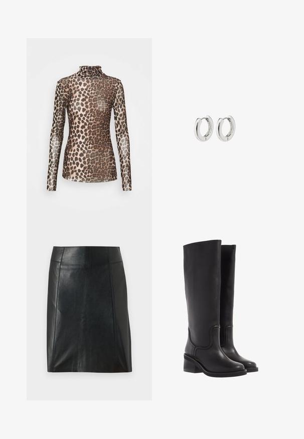 Cras KOBY BLOUSE - Langærmet T-shirt - leo tanned; Sort lædernederdel med en tætsiddende pasform. Glat tekstur, sømme der fremhæver formen, og en lige kant. Minimalistisk og strømlinet udseende.; Sorte læder knæ-høje støvler med en glat tekstur, rund tå og en chunky hæl. Har diskret syninger og et strømlinet design.; Sølv hoops øreringe med en poleret finish, der har et cirkulært design og sømløse hængsler, hvilket giver en glat tekstur.