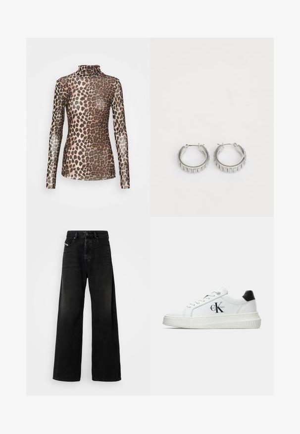 Cras KOBY BLOUSE - Tops ar garām piedurknēm - leo tanned; Plati melni džinsi ar augstu jostasvietu, ar pogu aizdari, priekšējiem kabatām un izbalējušu tekstūru.; Baltā zema topa sporta apavas ar melnu papēža cilni, platformas zoli, auklēm un Calvin Klein "CK" logo sānos.; Sudraba gredzena auskari ar faktūras dizainu, kas ietver vertikālas rievas. Apaļa forma ar drošu aizdari. Gluda apdare.