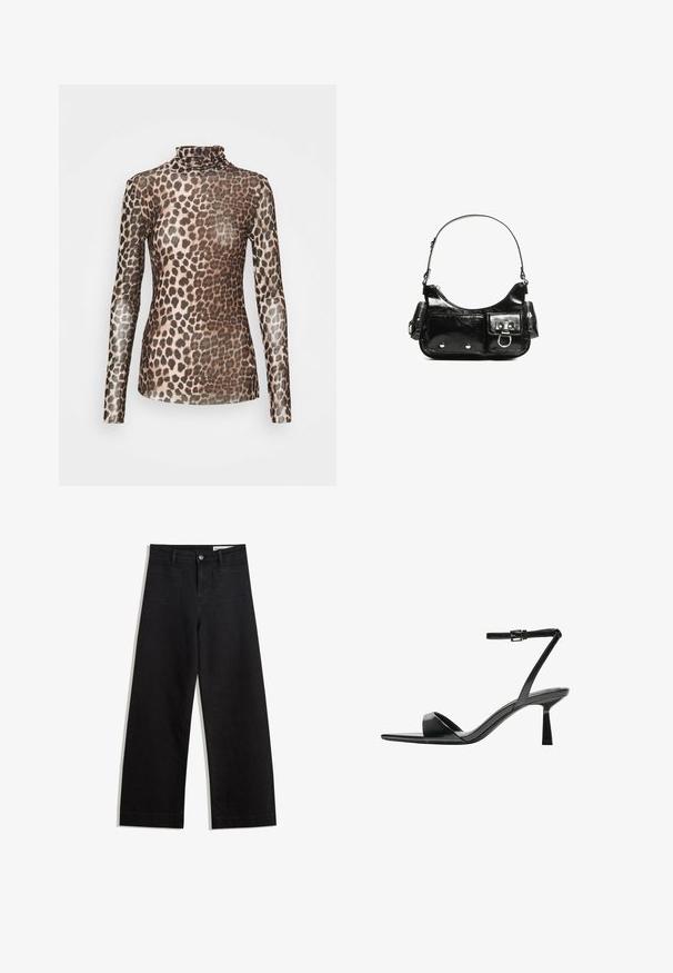 Cras KOBY BLOUSE - Hosszú ujjú felső - leo tanned; Fekete, bő szabású farmernadrág magas derékkal, elülső és hátsó zsebekkel, varrott felületekkel és gombos záródással. Sima textúra.; Bershka Magas sarkú szandálok - black; Fekete lakkbőr kézitáska ívelt formával, egy vállpánttal, elülső zsebekkel és ezüstszínű fémrészletekkel.