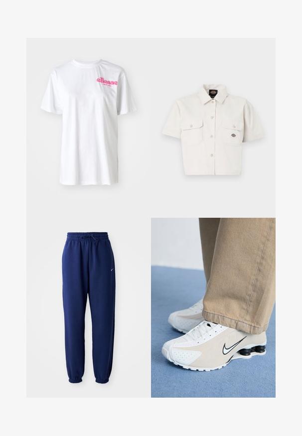 Hvit bomulls T-skjorte med kort erm, med en rosa "ellesse" logo på brystet. Klassisk rund hals design.; Kortermet, kort topp i hvit bomull med to brystlommer, knappestolpe foran og et logo-merke på venstre lomme.; Mørkeblå joggebukser laget av mykt stoff, med elastisk linning med snøring, elastiske mansjetter og en liten hvit logo.; Hvide og beige Nike sneakers med perforeret design, sort swoosh-logo, tekstureret overdel og karakteristisk fjederagtig sort hæl.