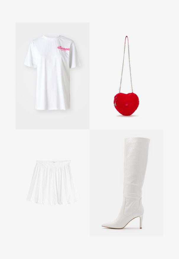 Witte katoenen t-shirt met korte mouwen, met een roze "ellesse" logo op de borst. Klassiek ronde hals ontwerp.; Witte, geknipte t-shirt gemaakt van ribbelstof. Heeft korte mouwen met uitgerafelde randen en een ronde halslijn met een ruchesdetail.; Witte, uitlopende rok van lichtgewicht stof met een elastische tailleband. Heeft een geplooid ontwerp voor volume en vloeiendheid.; RAID TRIBUTE - Laarzen met hoge hak - white; Rode hartvormige handtas met een zachte, pluizige textuur, zilveren kettingriem en een eraan bevestigd hangertje. Kenmerkt zich door een opvallend pompon-detail.