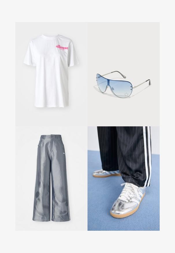 White cotton t-shirt with short sleeves, featuring a pink "ellesse" logo on the chest. Classic crew neck design.; Wide-leg pants in shiny gray material, featuring white side stripes and a flame pattern on the lower legs. Button and zipper closure at the waist.; Metallic silver sneakers with white laces and three white stripes, paired with black pinstriped pants. Gum sole accent at the bottom.; Aviator sunglasses featuring a gradient blue lens, silver metal frame, and decorative star accents on the lens. Smooth and sleek design.