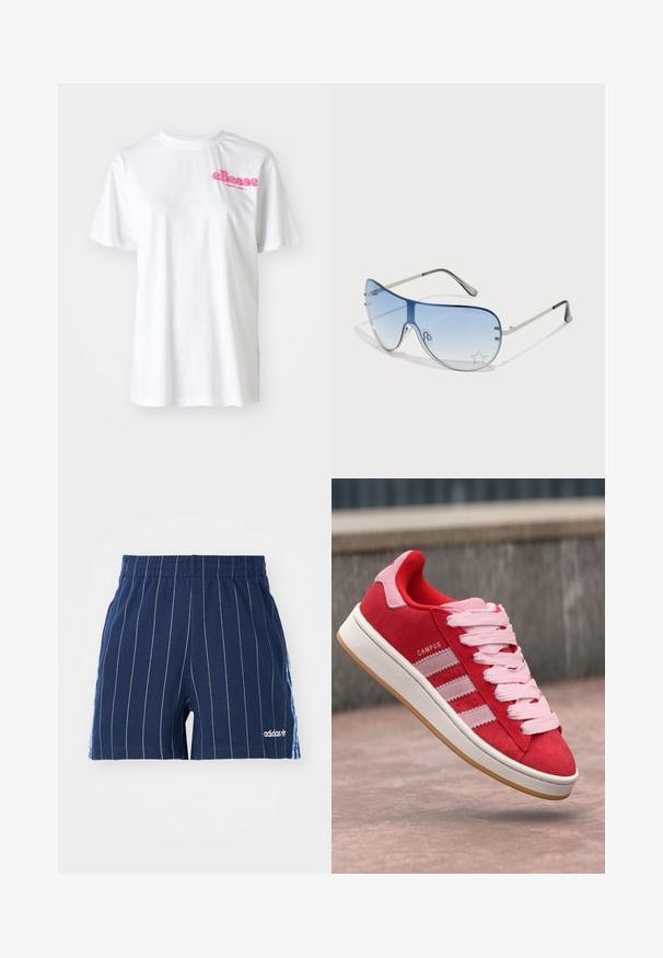 Hvit bomulls T-skjorte med kort erm, med en rosa "ellesse" logo på brystet. Klassisk rund hals design.; Mørkeblå shorts med hvite striper, elastisk midje og Adidas-logo. Har blå detaljer på sidene, laget av en bomullsblanding.; Røde semskede joggesko med rosa detaljer, med tre hvite striper og lyserosa snører. Hvit såle og gummisåle.; Pilotbriller med gradient blå linse, sølvfarget metallramme og dekorative stjerneaksenter på linsen. Glatt og stilren design.