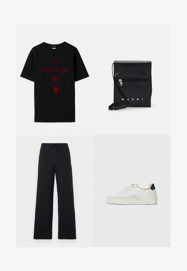 Camiseta de algodón negra con texto rojo: "10/10 Volvería a pecar" y un gráfico de una rosa. Diseño sencillo de cuello redondo, manga corta.; Pantalones anchos negros, confeccionados en una tela suave, con una cinturilla ajustable y detalles de costura vertical en la parte delantera.; Zapatilla blanca con acentos de ante, puntera redondeada, cordones planos y suela de goma color crema. Presenta un logo verde en el talón.; Bolso de hombro de cuero negro con un bolsillo frontal con cremallera, logo en relieve y correa ajustable. Textura suave con una forma estructurada.