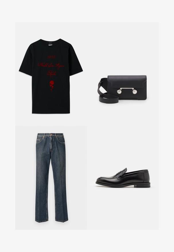 Black cotton t-shirt featuring red text: "10/10 Would Sin Again" and a rose graphic. Simple crew neck design, short sleeves.; Dark blue straight-leg denim jeans with front button, zip fly, double front pockets, and visible vertical creases down the legs.; Black leather loafers with a smooth texture, rounded toe, and a decorative strap across the vamp. Low stacked heel, minimalist design.; Black leather crossbody bag with a flap closure, silver-tone hardware, and two round accents. Features a detachable strap. Smooth texture.