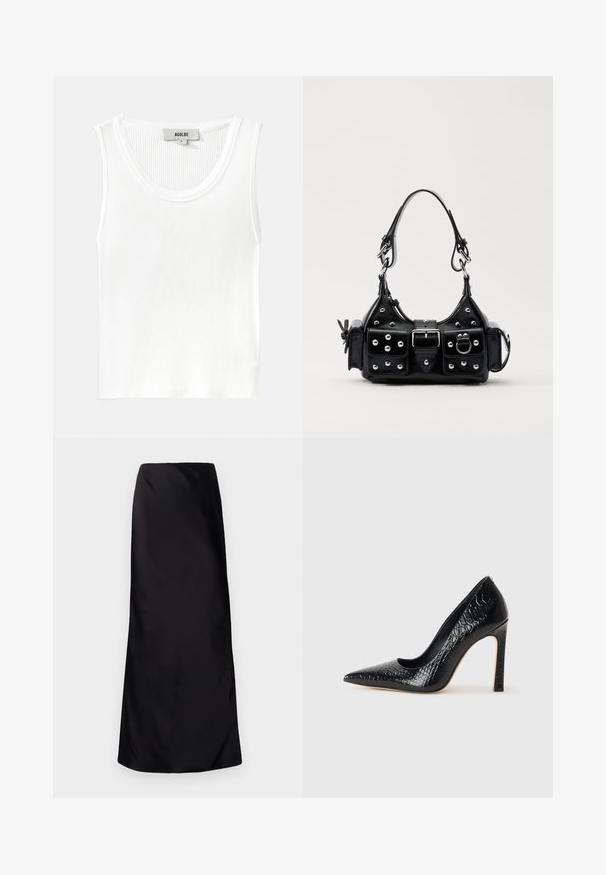 Fehér bordázott ujjatlan felső kerek nyakkivágással és széles vállpántokkal, rajta az "AGOLDE" címke és az "S" méret.; Norma Kamali BIAS OBIE SKIRT - Maxiszoknya - black; Fekete hegyes orrú magassarkú cipő krokodilbőr textúrával, letisztult dizájnnal, magas tűsarkú és sima fekete belső résszel.; Fekete bőr kézitáska ívelt designnal, ezüst szegecsekkel, csattal és két oldalsó zsebbel. Állítható vállpánt a hordozási lehetőségekhez.