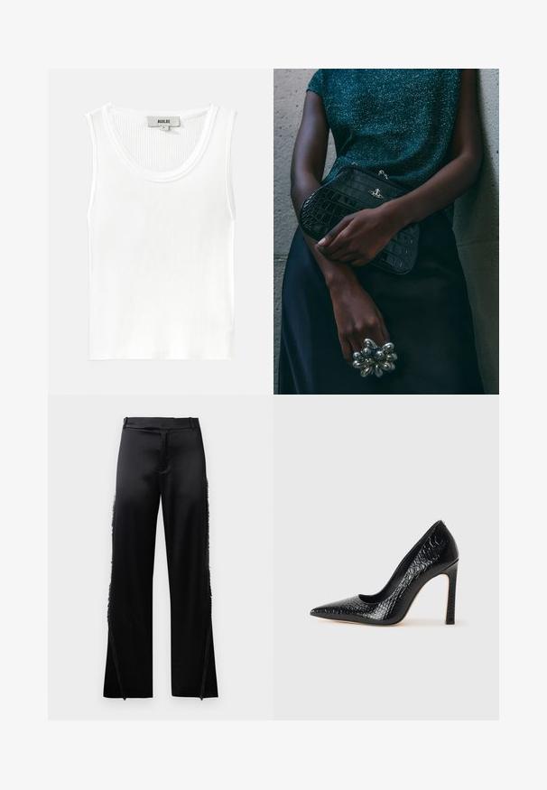 Bílý žebrovaný tílko s kulatým výstřihem a širokými ramínky, se štítkem označeným "AGOLDE" a velikostí "S."; Černé saténové kalhoty s širokými nohavicemi, s třásněmi podél bočních švů a plochým pasem. Hladký zadní díl bez kapes.; Černý lodičkový bot s špičatou špičkou, pokrytý texturou krokodýlí kůže, s elegantním designem, vysokým stiletto podpatkem a hladkým černým interiérem.; Černá kabelka ve tvaru psaníčka s krokodýlím vzorem a stříbrným kováním, držena proti texturovanému šedému pozadí. Vyznačuje se lesklým povrchem.