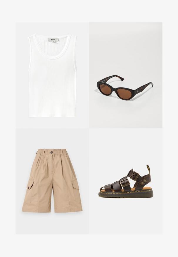 Top in cotone bianco a coste, con scollatura rotonda e spalline larghe, dotato di etichetta "AGOLDE" e taglia "S".; Pantaloni cargo beige con vita elastica, chiusura a bottone, due tasche laterali e due tasche cargo con pattina e dettagli in bottone.; Sandali in pelle marrone con più strap, fibbie in metallo, soletta imbottita e suola in gomma testurizzata con cuciture gialle.; Occhiali da sole tartarugati neri con lenti marroni, design angolare e aste larghe con un discreto logo. Texture in plastica liscia.