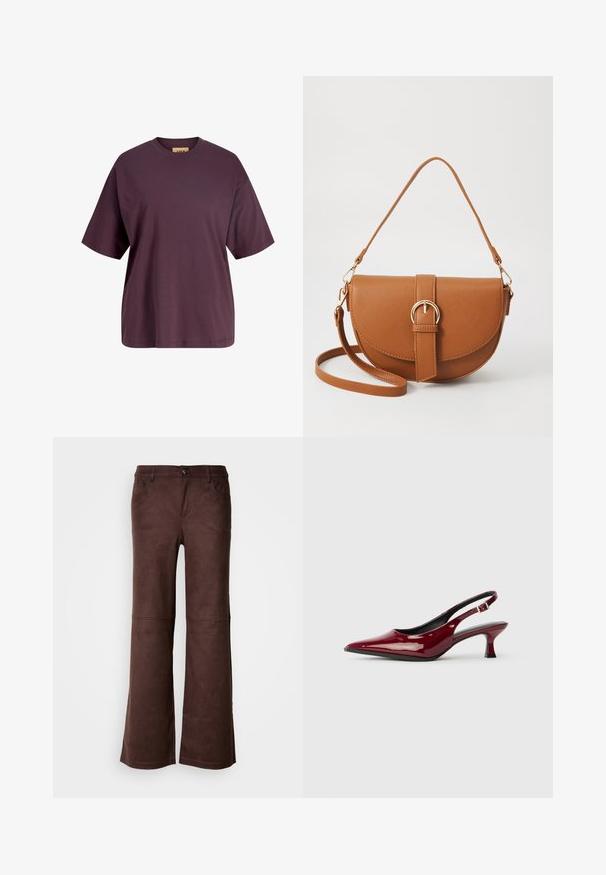 JJXX JXANDREA LOOSE LOGO TEE - Basic póló - sassafras/decadent chocolate; Barna, trapéz szabású nadrág puha, Suede-szerű anyagból. Négy zseb, gombos záródás és sima, texturált felület jellemzi.; Burgundi színű, lakkbőr, hátsó pántos magassarkú cipők, hegyes orral és elegáns tűsarkakkal. Nyitott hátsó dizájn, állítható bokapánttal.; Barna bőr keresztbody táska ívelt formával, aranyszínű fémrészekkel és csat díszítéssel. Levehető vállpánttal rendelkezik.