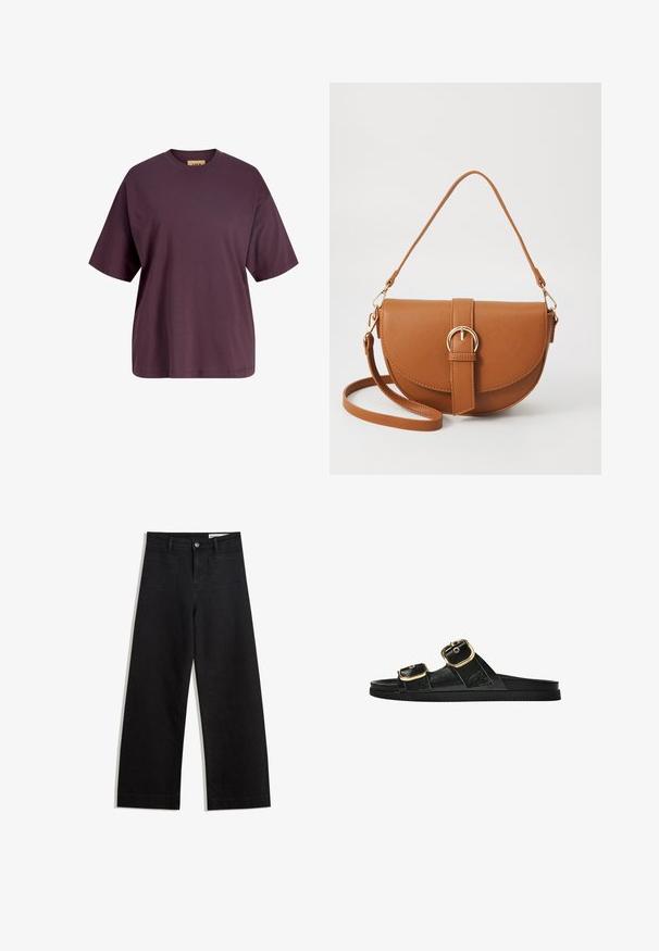 JJXX JXANDREA LOOSE LOGO TEE - T-shirt - bas - sassafras/decadent chocolate; Svarta vida denimbyxor med hög midja, med fram- och bakfickor, sydda sömmar och knappstängning. Slät textur.; Svart glidsandal med två guldfärgad spännen, slät textur av material, platt sula och en minimalistisk design.; Brun läder crossbody-väska med en böjd form, gyllene detaljer och en spänneaccent. Har en avtagbar axelrem.