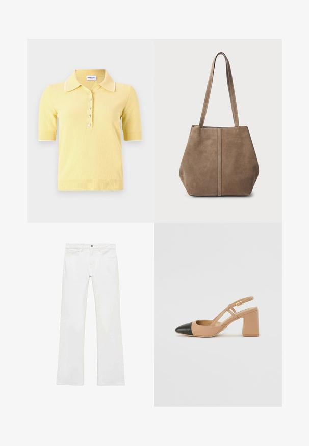 Marella DISTEL - Poloshirt - giallo; Weiße, ausgestellte Jeans aus einem glatten Baumwollstoff, mit fünf Taschen, einem Metallknopfverschluss und Gürtelschlaufen. Die Beine haben ein leichtes Verfeinerungsdetail.; Beige Slingback-Schuh mit schwarzer Kappe, quadratischem Absatz und zwei Riemenakzenten, aus glattem Material gefertigt.; Braune Wildleder-Tote-Tasche mit zwei langen Griffen, vertikalen Nahtdetails an der Vorderseite und einer weichen Textur. Geräumiges Design, das sich für den täglichen Gebrauch eignet.