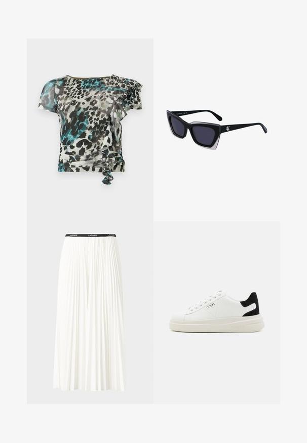 Lühikeste varrukatega topp kergest kangast, millel on mitmevärviline leopardimuster musta, teal' ja halli värviga, rüselusaksu ja külgmise sidumise detailiga.; Kurtitudega valge seelik musta elastse vööga, millel on "LACOSTE" logo. Keskmise pikkusega disain pehme tekstuuriga.; Valged nahast tennisetossud paksu valge tallaga, musta sametist kontsakeeuga ja külje peal riigilogo reljeefne kujundus. Lukkeskeem kuue silmaauguga.; Mustad suured mustad prillid geomeetrilise kujuga, tumedate läätsedega ja kontrastse halli detailiga raamidel. Logo käe peal.