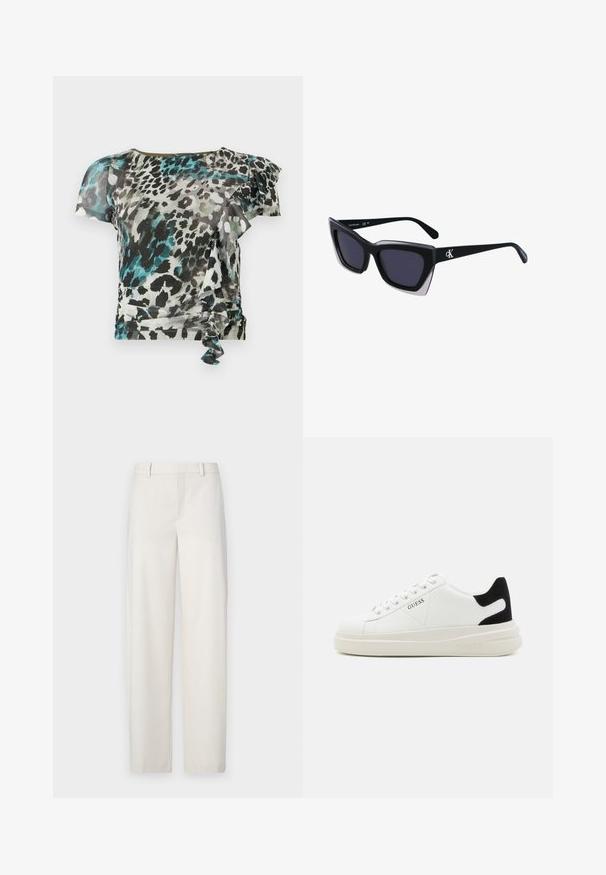 Tričko s krátkým rukávem z lehkého materiálu s vícebarevným leopardím potiskem v černé, tyrkysové a šedé barvě, s volánkovými detaily a bočním vzorem na zavázání.; Světlobéžové kalhoty vyrobené z hladké látky, s rovnýcm střihem, plochým předním dílem, páskovými smyčkami a bočními kapsami.; Bílé kožené tenisky s tlustou bílou podrážkou, černým semišovým akcentem na patě a vyraženým logem na boku. Šněrovací design se šesti očka.; Černé oversized sluneční brýle geometrického tvaru, s tmavými skly a kontrastním šedým detailem na rámu. Logo na rameni.