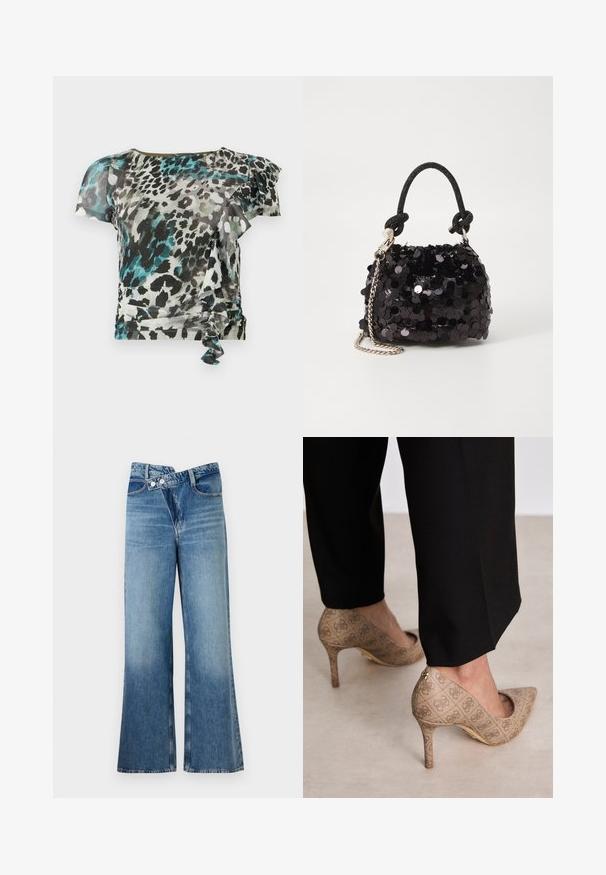 Kortärmad topp i lätt tyg med ett flerfärgat leopardmönster i svart, teal och grått, med volangdetaljer och knytning på sidan.; Ljust blå denim jeans med utsvängda ben och hög midja, med två knappar och framfickor. Tyget har en blekt textur med subtila variationer.; Beige högklackade skor med en strukturerad tyg som har ett upprepande mönster. Spetsig tån design med bakakcent och detaljer i guld på klacken.; Svart paljett mini-handväska med en knuten texturerad rem och silverkedja. Rund form med samlad topp och reflekterande detaljer.