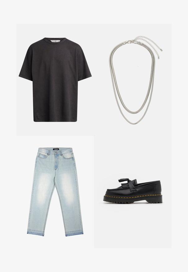 Dark gray cotton t-shirt featuring a round neckline, short sleeves, and a relaxed fit with visible stitching details.; Pegador BARROW - Loose Jeans - sand washed blue; Black leather loafer with a tasseled accent, featuring a chunky black sole and yellow stitching along the edge. Textured finish.; Three-layered silver metal necklace featuring sleek, flexible chains with a slight sheen, secured with a lobster clasp and adjustable chain.