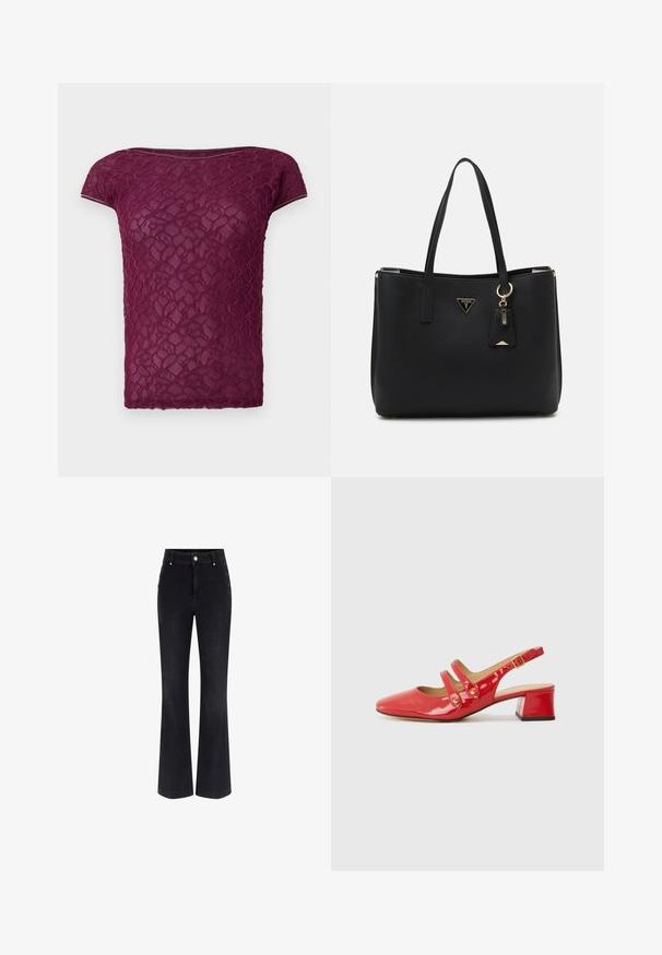Burgundy pitsakaitsega t-särk, millel on lühikesed varrukad, ümar kaelus ja struktureeritud lillemuster üle kogu pinna. Kerge ja poolläbipaistev kangas.; Mustad denimist vööb koos kõrge vöörettevõtte, viie tasku disaini ja metallist nupuga aksessuaaridega külgedel. Sile tekstuur ja klassikaline lõige.; Punane patendi nahast kontsaga king, millel on terav nina, kahe rihmaga disain, millel on ümmargused aktsendid ja madal plokk-kontsi.; Musthave mustkott, mis on valmistatud tekstuuriga sünteetilisest materjalist, kahes käepidemes, millel on kuldne logo plaat ja väike märgistus koos aksendiga.