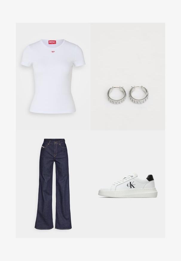 Balta prigludusi marškinėliai su trumpomis rankovėmis. Raukšlėta tekstūra, apvali iškirptė. Mažas raudonas "D" logotipas ant krūtinės. Pagaminta iš tamprios medžiagos.; Tamsiai mėlynos plačios kojų džinsinės kelnės iš denimo audinio su aukštu liemeniu, su oranžinėmis siūlėmis, penkių kišenių dizainu ir sagčių užsegimu.; Balti žemakulniai bateliai su juodu kulno dangteliu, platformos padu, raišteliais ir Calvin Klein "CK" logotipu šone.; Sidabrinės auskarų žiedai su tekstūruotu dizainu, turinčiu vertikalias briaunas. Apskritimo forma su saugiu užraktu. Lygi apdaila.