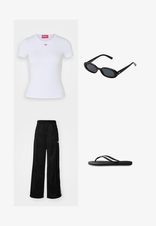 White fitted t-shirt with short sleeves. Ribbed texture, round neckline. Small red "D" logo on chest. Made from stretchy fabric.; Black wide-leg track pants with an elastic waistband, featuring white side stripes and a small logo on the left hip. Smooth fabric texture.; Black flip-flop featuring a textured rubber sole, two slender straps, and a subtle, embossed logo detail on the strap.; Black oversized sunglasses with oval lenses, smooth plastic frame, and gold accents on temple. Dark lenses provide sun protection.