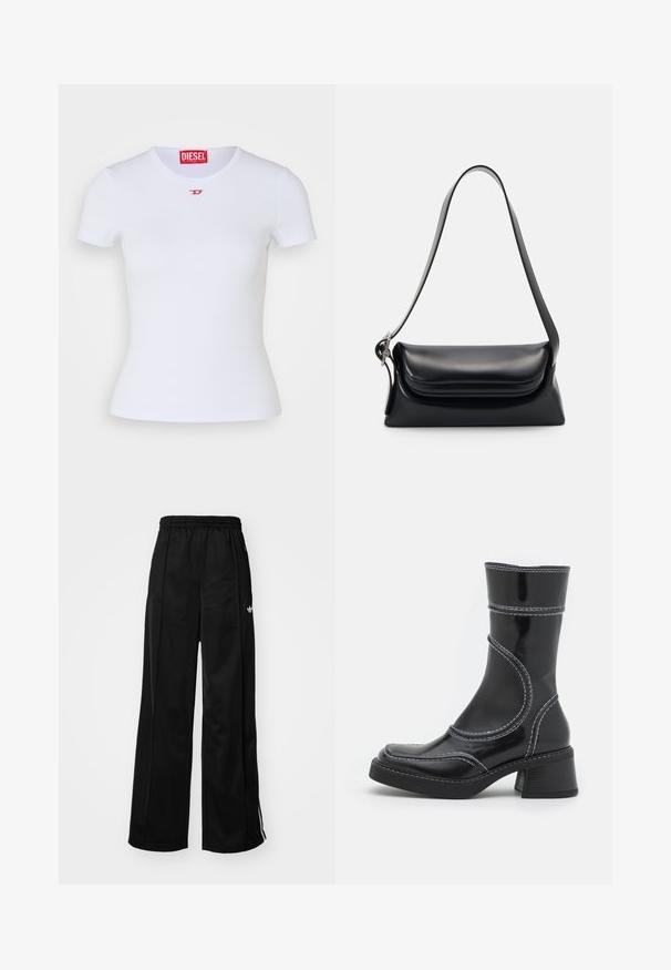 Hvid tætsiddende t-shirt med korte ærmer. Ribbet tekstur, rund halsudskæring. Lille rød "D" logo på brystet. Lavet af strækbart stof.; Sorte brede træningsbukser med elastisk talje, prydet med hvide side-striber og et lille logo på venstre hofte. Glat stofstruktur.; Sort patenteret læder ankelstøvle med hvid stikning, rund tå og blokhæl. Har buede designlinjer og en glat tekstur.; Sort læderhåndvask med en struktureret form, en glat overflade og en enkelt skulderrem. Har et subtilt, rundet klapdesign.