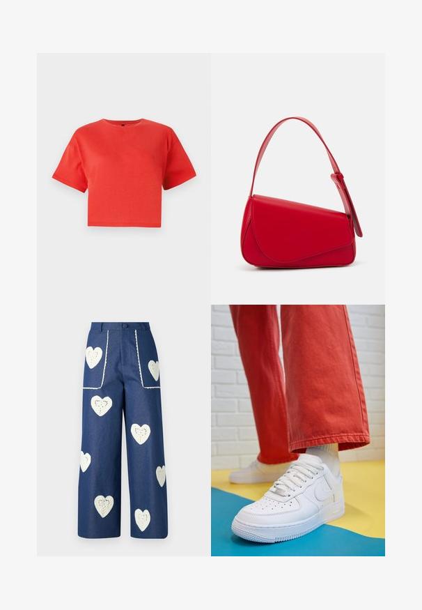 Punainen lyhytnokkainen t-paita, joka on valmistettu puuvillasta, jossa on pyöreä kaula-aukko ja lyhyet hihat. Sileä rakenne ilman näkyviä kuvioita tai yksityiskohtia.; Sister Jane HEART TO HEART - Straight leg -farkut - blue denim; Valkoinen nahkakengät, joissa on rei'itetty varvasosa, teksturoitu pohja ja valkoiset nauhat, yhdistettynä leveisiin punaisiin housuihin ja sinikeltaiseen taustaan.; Punainen nahkalaukku, jossa on kulmikas, geometrinen muotoilu. Varustettu yhdellä säädettävällä hihnalla ja läpällä, jossa on ommeltu yksityiskohtia.