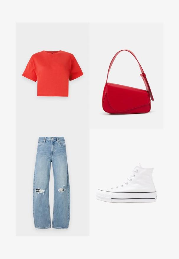 T-shirt curta vermelha feita de algodão, com gola redonda e mangas curtas. Textura suave sem padrões ou detalhes visíveis.; Jeans de lavagem clara, de cintura alta, feitos de denim. Apresentam pernas largas, duas áreas rasgadas nos joelhos e o estilo clássico de cinco bolsos.; Sapatilha alta de tela branca com sola de borracha preta, bico de borracha na frente e seis ilhós para os atacadores, apresentando um design limpo e minimalista.; Bolsa de mão em couro vermelho com um design angular e geométrico. Apresenta uma única alça ajustável e um fecho com aba, com detalhes cosidos.