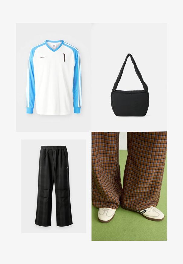 Bijela dugosleeve nogometna majica s svijetloplavim rukavima, s v-izrezom, crnim brojem "1" i Adidas logotipom na prsima i rukavima.; Crne karirane hlače s elastičnom urezom, dva prednja džepa i ležernim krojem s ravnim nogavicama. Izrađene su od laganog materijala.; Smeđe i plave karirane široke hlače uparene s bijelim cipelama s crnim akcentima i teksturiranim potplatom, na zelenoj pozadini.; Crna torba za rame s podstavljenom teksturom, zaobljenog oblika i širokim remenom, s reljefnim logotipom sprijeda.
