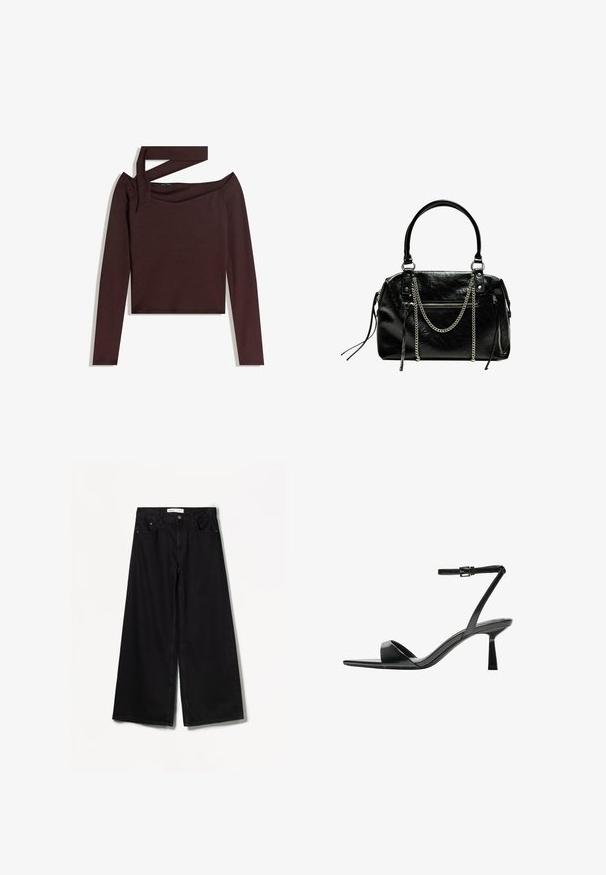 Hosszú ujjú, vállnélküli felső sötétbarna jersey anyagból, vállon megkötős díszítéssel és rövidített alsó szegéllyel.; Bershka WIDE-LEG - Széles szárú - black; Bershka Magas sarkú szandálok - black; Bershka WITH CHAIN - Kézitáska - black
