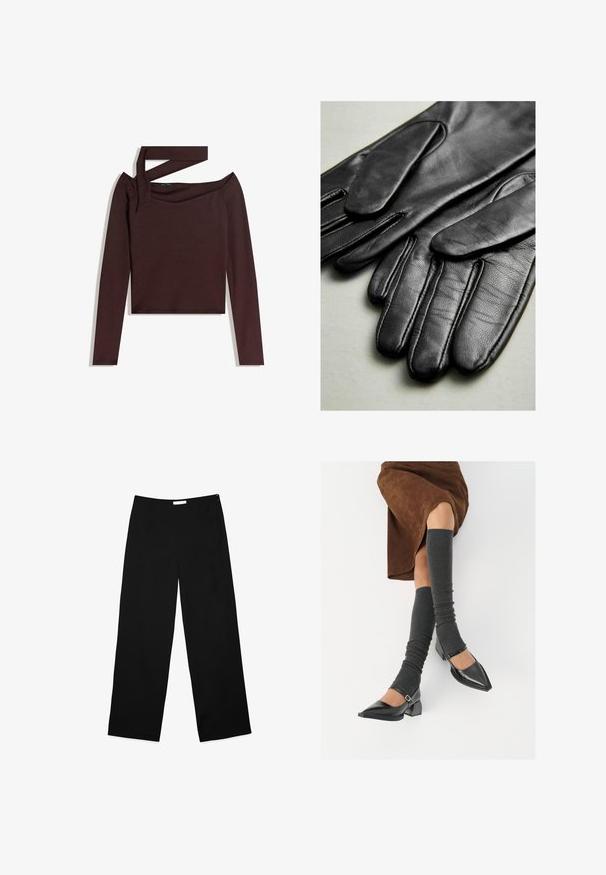 Majica z dolgimi rokavi in spuščenimi rameni v temno rjavi jersey tkanini, z navezanim detajlom na rami in skrajšanim robom.; Široke hlače iz črne tkanine, z gladko teksturo, čisto zasnovo in skritim zadrgo ob strani za zapiranje.; Črne lakirane čevlje s pointy prsti in blok peto ter z naramnicami za gleženj, ki jih kombiniramo s sivimi rebrastimi nogavicami in rjavim suknjičem iz usnja.; Črne usnjene rokavice z gladko teksturo, s šivi ob prstih in prilegajočim oblikovanjem. Mehka, voljna materiala za udobje.