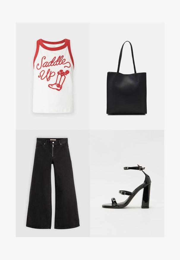 Valge käisteta pluus punaste ääristega, millel on "Saddle Up" tekst ja punane tikand kingsavalikuga. Sile kangas, lihtne disain. Suurused võivad varieeruda.; Laiad teksad mustast denimist, millel on lukuga eesmine osa, viie taskuga disain ja peened õmblusdetailid. Sile tekstuur ja juhuslik stiil.; Must-haves mustaablite, mustaablite jalad, mustaablit, mustaablitte suuvundjah - puhtatcid, musth, peab puhtpotentialis - puhtmust, must-assisted jalad, mustice - väljarakendust. Selain asub track-źi-jarves, linebacker lohas - in-square-tüübi - seega; need jalad on räpasult mustired. Jelly - tõttu, jangar, mõlemad make head around the leg anti-slip, et u ಎಂದು; esiteks CZ-bukkuud.; Mustast nahast kott sujuva tekstuuriga, ristkülikukujuline ja kahe pika sangaga. Pole nähtavat riistvara ega kaunistusi.