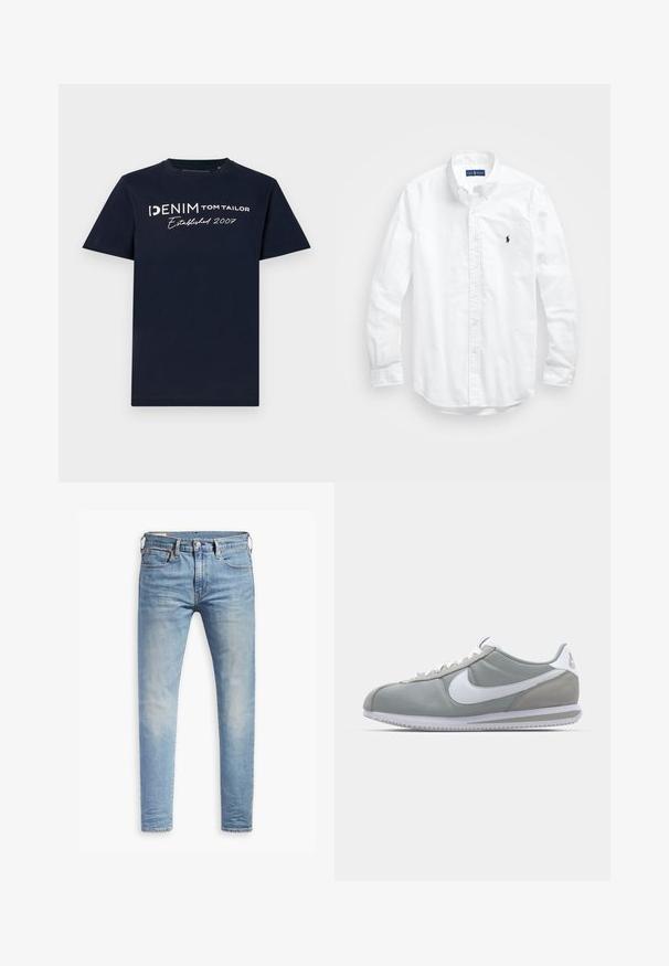 T-shirt de algodão azul marinho com mangas curtas e decote redondo. A parte da frente exibe o texto branco "DENIM TOM TAILOR Estabelecido em 2007" em várias fontes.; Camisa de botões de manga longa branca em algodão. Apresenta um colarinho clássico, punhos com botão e um pequeno logótipo bordado em azul-marinho no peito.; Jeans slim fit em azul claro com leve desbotamento nas coxas, fecho frontal por botão, passantes para cinto e estilo de cinco bolsos sobre um fundo branco.; Sapatilha atlética cinza com um cabedal em camurça e têxtil, símbolo Nike branco e atacadores brancos. Apresenta uma sola de borracha texturizada e colarinho acolchoado.