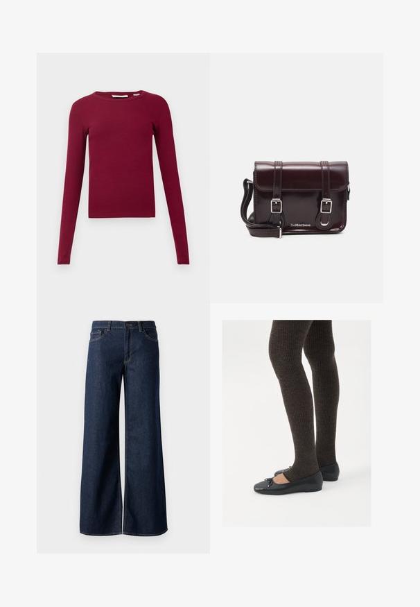 Langsleeve, geribbelde top in diep bordeauxrood. Heeft een ronde halslijn en een strakke pasvorm. Gemaakt van zacht, rekbaar materiaal.; Stijlen met wijde pijpen in donkerblauw denim. Kenmerkt zich door contrasterende stiksels, vijf zakken en een knoopsluiting in de taille. Soepele textuur.; Zwarte platte schoenen met een kleine strikdetail op de neus, gecombineerd met donkerbruine geribbelde panty’s. De schoenen hebben een gladde textuur en een lage profiel.; Bordeaux patent leren crossbody tas met een rechthoekige vorm, twee banden, zilveren hardware en een klep sluiting.