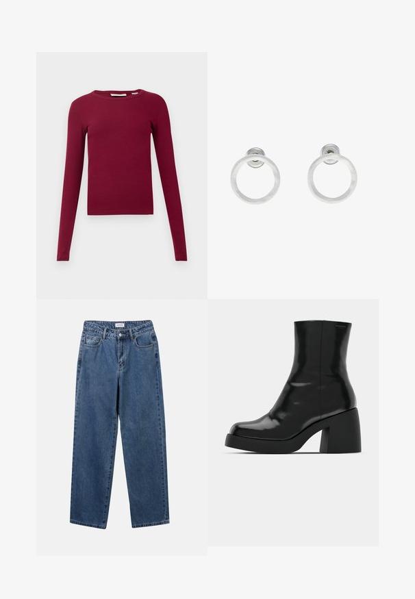 Dlhý rukáv, rebrovaný top v hlbokej burgundskej farbe. Má okrúhly výstrih a priliehavý strih. Vyrobený z mäkkého, elastického materiálu.; Klasické modré džínsy z denimu so strihom rovného strihu, piatimi vreckami a zapínaním na gombík. Majú stredné praním a pevnú textúru.; Čierne členkové topánky s lesklým povrchom, štvorcovou špičkou a širokým blokovým opätkom. Dizajn sa vyznačuje bezšvovou siluetou a minimálnym brandingom.; Strieborné kovové náušnice vo forme kruhov s brúsenou textúrou, so zaobleným dizajnom a priehľadným zarážkou pre bezpečné nosenie.