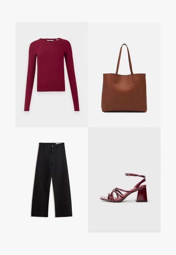 Top cu mânecă lungă, ribbed, de culoare burgundă închisă. Prezintă un guler rotund și un design ajustat. Fabricat dintr-un material moale și elastic.; Pantaloni din denim negri cu picioare largi, cu talie înaltă, având buzunare frontale și posterioare, cusături dublate și închidere cu nasture. Textură netedă.; Sandale cu toc pătrat, din piele lacuită burgundy, cu multiple curele interconectate și un toc gros. Curea ajustabilă pentru glezne.; Geantă de umăr din piele maro cu o textură netedă, design cu vârf deschis și două curele pentru umăr. Prezintă cusături minime și fără componente metalice vizibile.