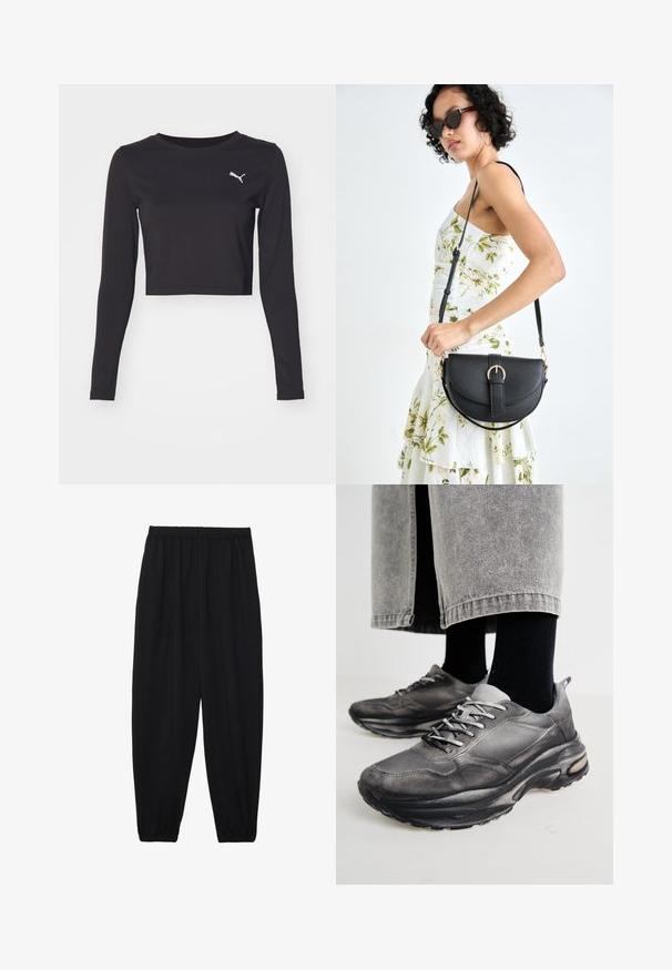 Svart langermet cropped T-skjorte laget av glatt stoff med rund hals. Har en liten hvit logo på venstre brystområde.; Svarte, lette bukser med elastisk liv og rynkede ankler. Stoffet er glatt og har en avslappet, innsvingt design.; Sorte og grå treningssko har en mesh-overdel, tykke såler og snøring. De har en rund tå og synlige dempe detaljer.; Svart lærveske med en buet form, avtagbar stropp og gullbeslag. Vesken har et klaff med spenne-detall.