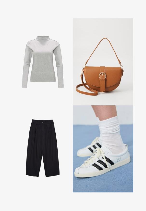 Langärmliges, hellgraues Rollkragenoberteil aus weichem Baumwollmix, mit körpernaher Passform und glatter Textur. Keine sichtbaren Muster.; Schwarze Polyester-Culotte mit einem elastischen Bund, zwei vorderen Falten und einer lockeren Silhouette. Keine sichtbaren Muster oder Hardware-Details.; Weiße Ledersneaker mit schwarzen Streifen, cremefarbener Sohle und hellen Schnürsenkeln. Getragen mit weißen gerippten Socken, positioniert vor einem blauen Hintergrund.; Braune Leder-Crossbody-Tasche mit geschwungener Form, goldfarbenen Beschlägen und einer Schnallenakzentuierung. Verfügt über einen abnehmbaren Schultergurt.