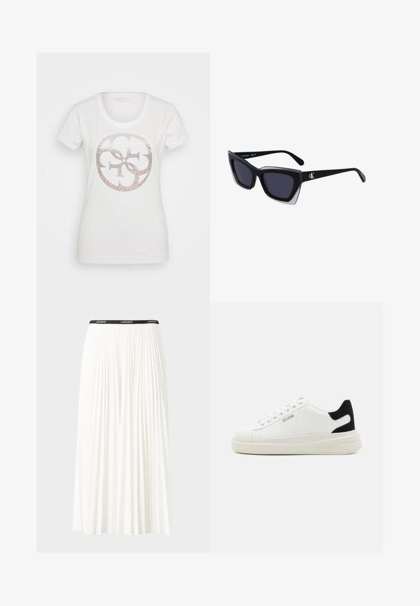 Camiseta blanca de manga corta con un diseño de logotipo circular adornado con detalles metálicos y piedras de strass en un patrón degradado.; Falda blanca plisada con una cinturilla elástica negra que presenta el logotipo "LACOSTE". Diseño de longitud media con textura suave.; Zapatillas blancas de cuero con una suela blanca gruesa, acento en el talón de ante negro y logo grabado en el lateral. Diseño de cordones con seis ojales.; Gafas de sol negras de gran tamaño con una forma geométrica, que presentan lentes oscuros y un detalle gris contrastante en la montura. Logo en la pata.