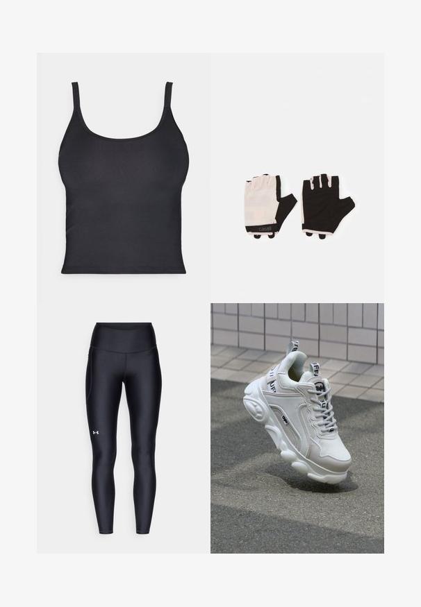 Juodas prigludęs tanko marškinėliai su plonomis petnešomis, pagaminti iš lygaus audinio. Turi apvalų iškirpimą ir švarius, be siūlių kraštus.; Juodos leggingai, pagaminti iš lygaus, elastingo audinio su aukštu juosmeniu. Kairiajame šlaunyje yra baltas logotipas ir tvirta konstrukcija.; Balti sportbačiai iš tinklinės ir odinės medžiagos, su apvaliu pirštu, storu padu, išryškintais raišteliais ir ženklinimu ant kulno bei liežuvėlio.; Fitneso pirštinės su šviesiai rožiniu ir juodu dizainu, pagamintos iš kvėpuojančios medžiagos, su reguliuojamu riešo dirželiu ir tekstūruotais sukibimo akcentais.