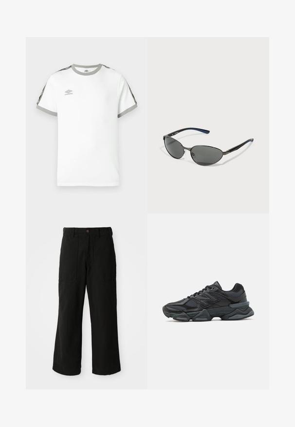 Valge lühikeste varrukatega T-särk halli kaeluse ja varrukaotstega, must ja hall triibuline muster varrukatel, ning Umbro logo rinnal.; Mustad laiad mustad püksid pehmest kangast, ees taskud ja nupukinnitus taljes. Minimalistlik disain ilma nähtavate mustriteta.; Mustad mustus jooksukeng, mis sisaldab segu võrgust ja sünteetilisest materjalist, jäme talla, kaarduv disain ja silmapaistev bränding külgedel.; Ovaalsed mustad objektiivid, metallraam ja mustad ja sinised tekstureeritud käed. Raamil on külgmine logoaktsent.