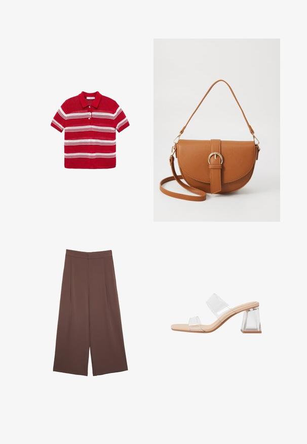 Červená polokošeľa s krátkym rukávom s bielymi horizontálnymi prúžkami a tromi bielymi gombíkmi vpredu.; Hnedé nohavice so širokými nohavicami a hladkou textúrou, s vysokým pásom a prednými skladmi. Tkanina je ľahká a voľne sa pohybuje.; Priesvitné sandále na podpätku s dvomi priehľadnými popruhmi, béžovým základom a geometrickým priehľadným blokovým podpätkom. Minimalistický dizajn s hladkou textúrou.; Hnedá kožená kabelka cez telo s zakriveným tvarom, zlatými kovovými doplnkami a akcentom s prackou. Obsahuje odnímateľný ramenný popruh.