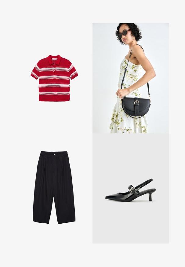 Röd kortärmad polo med vita horisontella ränder och tre vita knappar fram.; Svarta polyester culottbyxor med elastisk midja, två framfickor och en lös silhuett. Inga synliga mönster eller hårdvarudetaljer.; Svarta patentläder slingback-klackar med spetsig tå och en liten blockklack, med en silvrig spänneaccent på remmen.; Svart läderhandväska med en böjd form, avtagbar rem och guldiga detaljer. Väskan har ett lock med en spänndetalj.