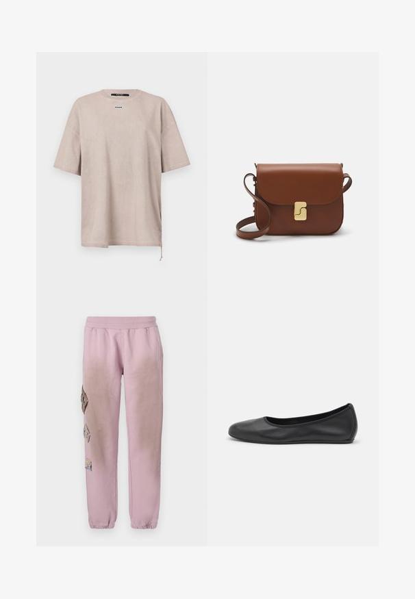 Üksikasjalik, lühikeste varrukatega suur t-särk heledast bežist puuvillast. Omab ümmargust kaelust ja väikest brändi sildi rinnal. Paeltega detail allservas.; Roosa spordipüksid elastse paelaga vööl, millel on vasakul küljel dekoratiivsed rombikujulised plaastrid ja elastsed mansetid pahkluude juures.; Musthave mustika tantsutossud mustast nahast, ümmarguse varbaga, siledast tekstuurist, minimaalse õmblusdetailiga ja paindliku tallakujundusega.; Pruunist nahast käekott, millel on klapiga sulgur, kuldne riistvara, õlarihm ja sile tekstuur. Kompaktne ristkülikukujuline vorm.