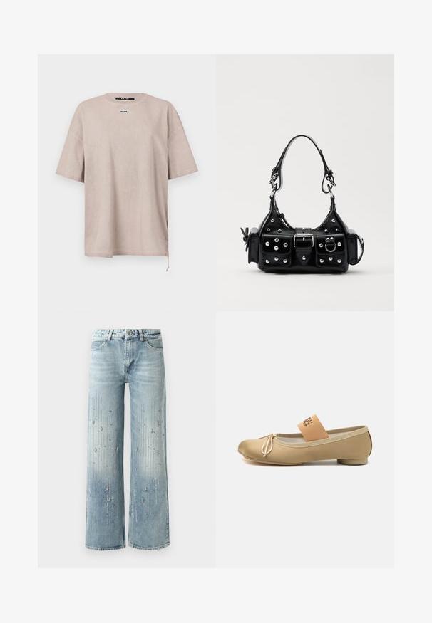 T-shirt overdimensionato a maniche corte in cotone beige chiaro. Presenta un colletto rotondo e un piccolo etichetta del marchio sul petto. Dettaglio con cordoncino sull'orlo.; Jeans larghi di denim di colore azzurro chiaro, con un effetto sfumato e decorazioni di strass argentati disposti in un motivo verticale.; MM6 Maison Margiela BALLET SHOE - Ballerine con cinturino - three house; Borsa a mano in pelle nera con design curvo, caratterizzata da borchie argentate, una fibbia e due tasche laterali. Tracolla regolabile per diverse opzioni di trasporto.