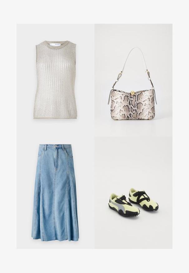 Ärmelloses Top aus metallischem silbernem Strickstoff. Verfügt über eine gerippte Textur und einen Rundhalsausschnitt. Einfaches, figurbetontes Design ohne zusätzliche Akzente.; Hellblaue Jeansrock mit einem ausgestellten Design, ausgestattet mit einem Knopfverschluss, Gürtelschlaufen und vertikalen Nahtdetails. Knielange Länge.; Schuhe mit einem hellgelben Obermaterial, schwarzen Akzenten, einem sicheren Riemen und einer strukturierten schwarzen Gummisohle. Entwickelt für Traktion und Unterstützung.; Handtasche aus Python mit weißem Ledertragegurt. Ausgestattet mit Beschlägen in Goldoptik und einem strukturierten Design, das geprägte Schuppen und einen Verschluss zeigt.