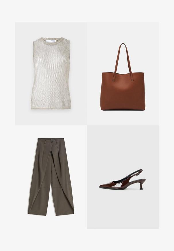 Mouwloze top van metallic zilveren breiwerk. Heeft een ribbelstructuur en een ronde hals. Eenvoudig, aansluitend ontwerp zonder extra accenten.; Wijdvallende broek gemaakt van een gestructureerde, donkergrijze stof. Heeft een voorplooien, een knopenluiting en zijzakken voor praktische doeleinden.; Bruine gepatineerde leren slingback-schoen met een spitse neus en een gematigd hakje. Voorzien van een gespsluiting voor een veilige pasvorm. Glad van textuur.; Bruine leren tote bag met een gladde textuur, een ontwerp met een open bovenkant en twee schouderbanden. Kenmerkt zich door minimale stiksels en geen zichtbare hardware.